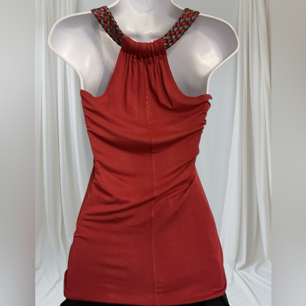 Soprano Deep Rust Red Ruffle Tank Top with Woven Accent Racerback. Y2K - Picture 5 of 7